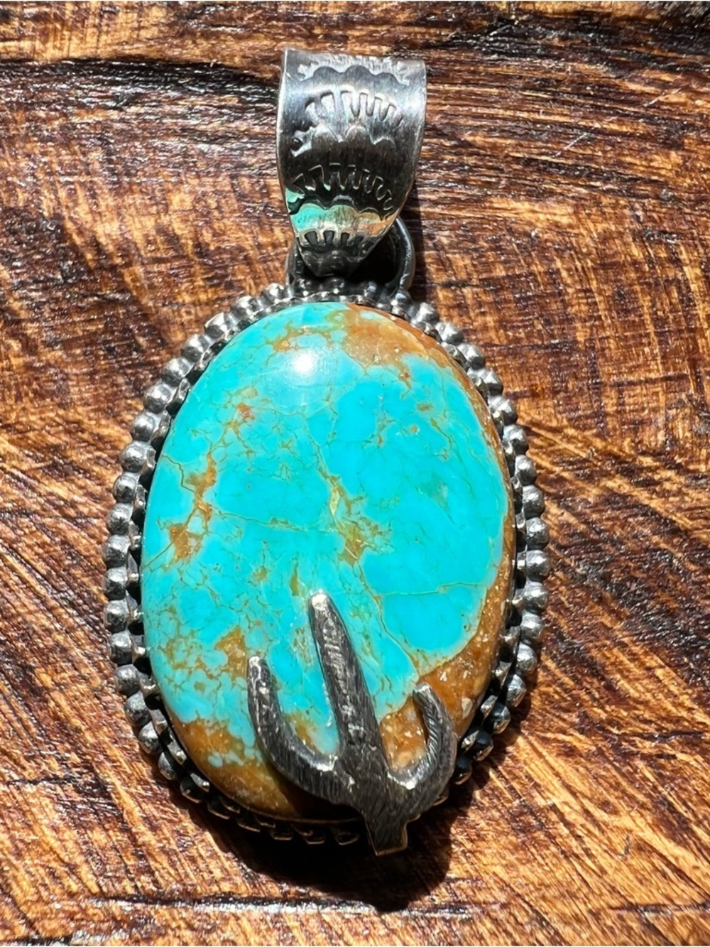 925 Sterling Silver Kingman Turquoise Cactus Pendant Handmade Southwestern